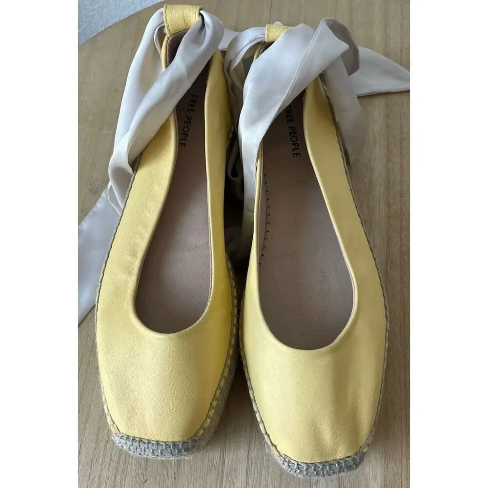 Free People Starboard Wrap Platform Espadrilles Lace Up Lemon Leather 39/8.5 NEW